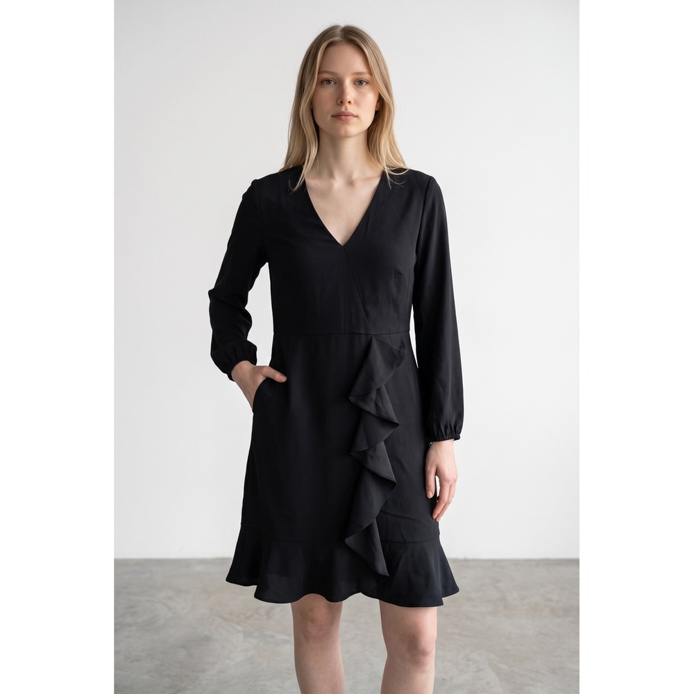 J.Crew Drapey ruffle front dress Long Sleeve Black Size 4 #H6301